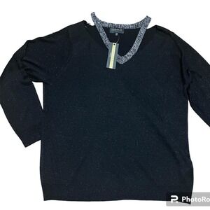 Joseph A. Womens 2X Black Metallic Sparkle V-Neck Sweater Top Long Sleeve Blouse